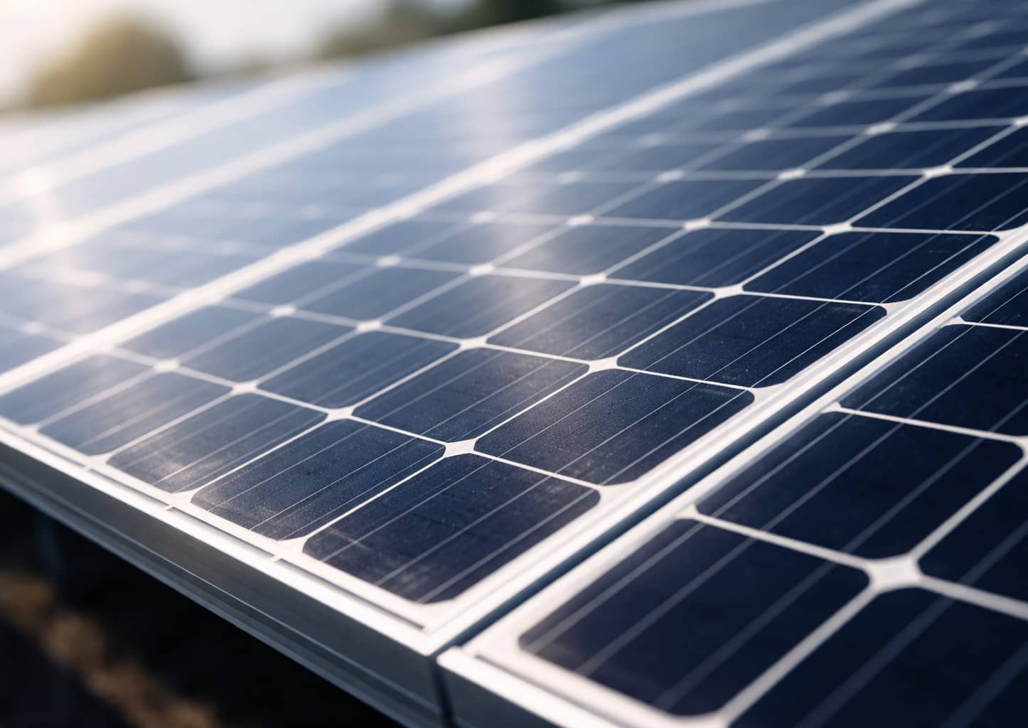 Solar panels on roof with sunlight reflection